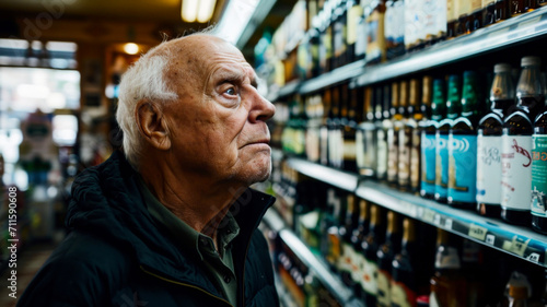 Old man looking on alcohol bottles in supermarket