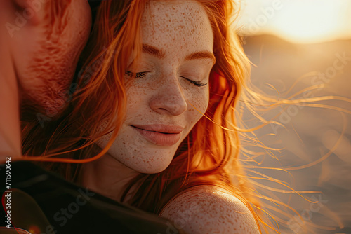 Close-up side view portrait of a beautiful woman with red hair and freckles kissing with her boyfriend with eyes closed while against sunset. photo