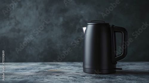 Sleek black electric kettle on a grey textured countertop photo