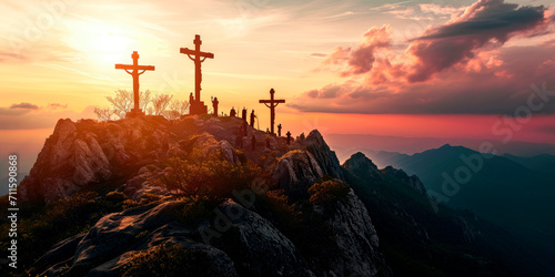  Sunset Silhouette Depicting the Crucifixion of Jesus, Alongside the Good and Bad Thief on Three Crosses - A Symbolic Image of Easter, Resurrection, and Christian Belief