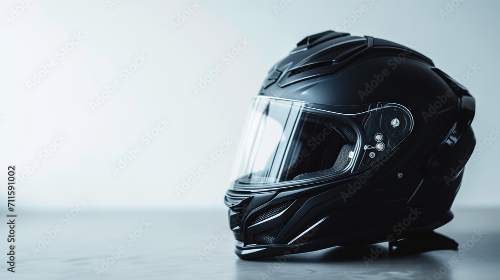 Sleek black motorcycle helmet on a minimalist white background - obrazy, fototapety, plakaty 