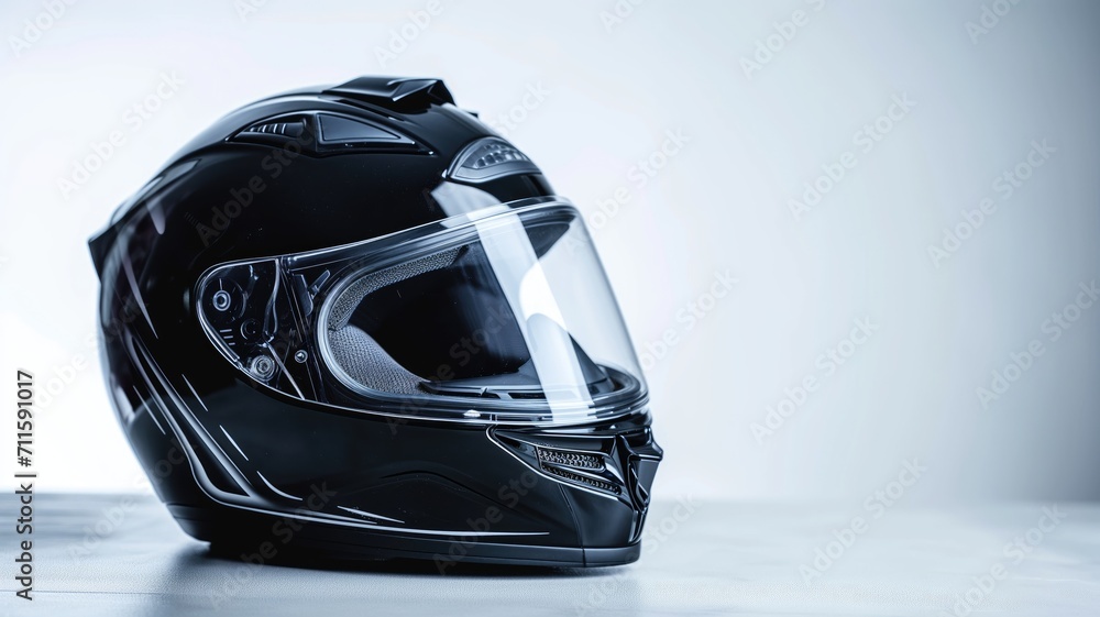 Fototapeta premium Stylish black motorcycle helmet on a white gradient background