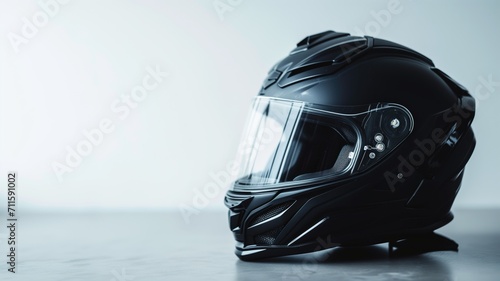 Sleek black motorcycle helmet on a minimalist white background photo