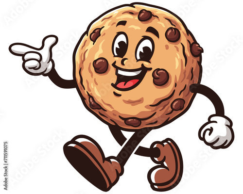 walking Cookie with pointing hand cartoon mascot illustration character vector clip art logo hand drawn