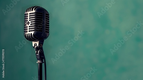 Retro black microphone against a greenish-blue backdrop