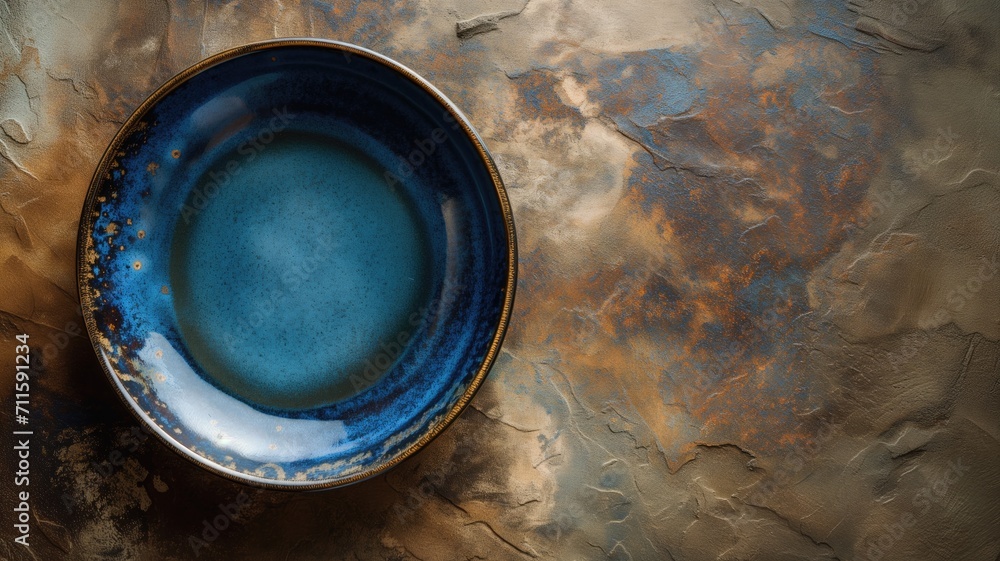 Blue ceramic plate with unique glazing on a textured brown background - obrazy, fototapety, plakaty 