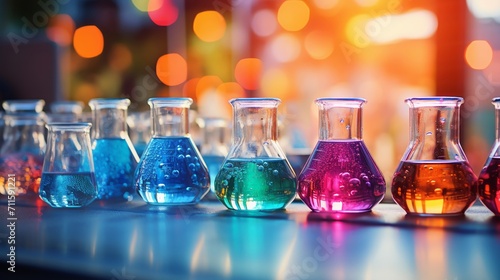 Scientific research setting with colorful chemicals in glassware, bubbling reaction in progress