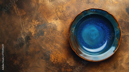 Blue ceramic plate with textured design on a golden brown background