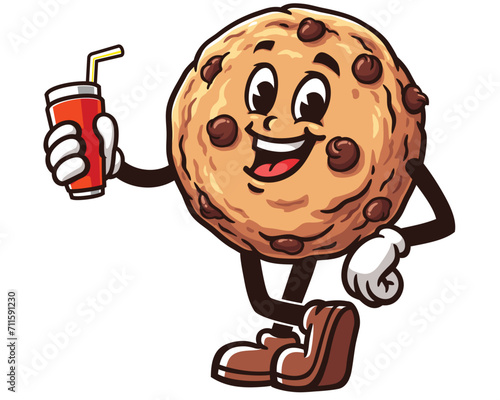 Cookie with soft drink cartoon mascot illustration character vector clip art logo hand drawn 