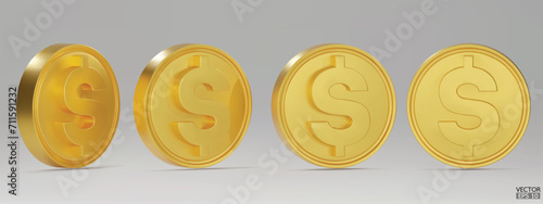 Set of rotating golden dollar coins in different angles isolated on background. Golden money set. Use for gambling games, jackpot Cash treasure concept. 3d vector illustration.