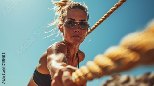 Female athlete pulling rope while exercising against clear blue sky