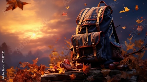 Fantasy-themed image of a backpack perched on top of a stack of ancient books against a dawn sky with floating autumn leaves