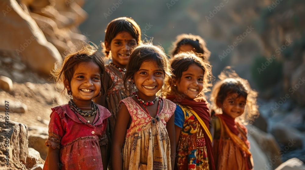 Naklejka premium A happy village filled with Tibetan children