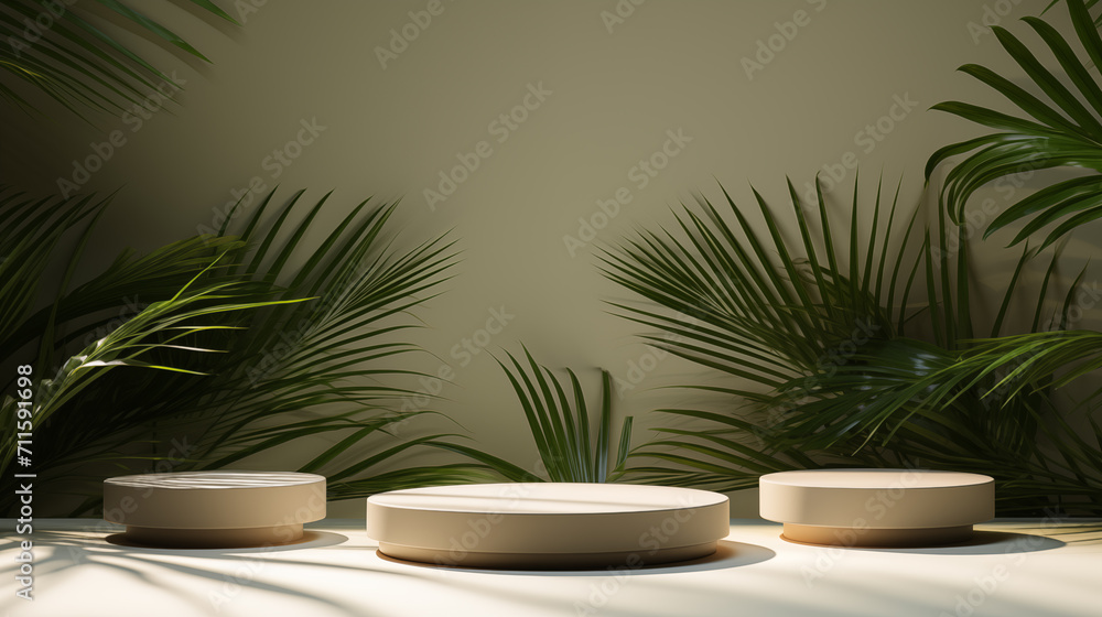Palm leaves beige surface shadow sunlight stage podium mockup