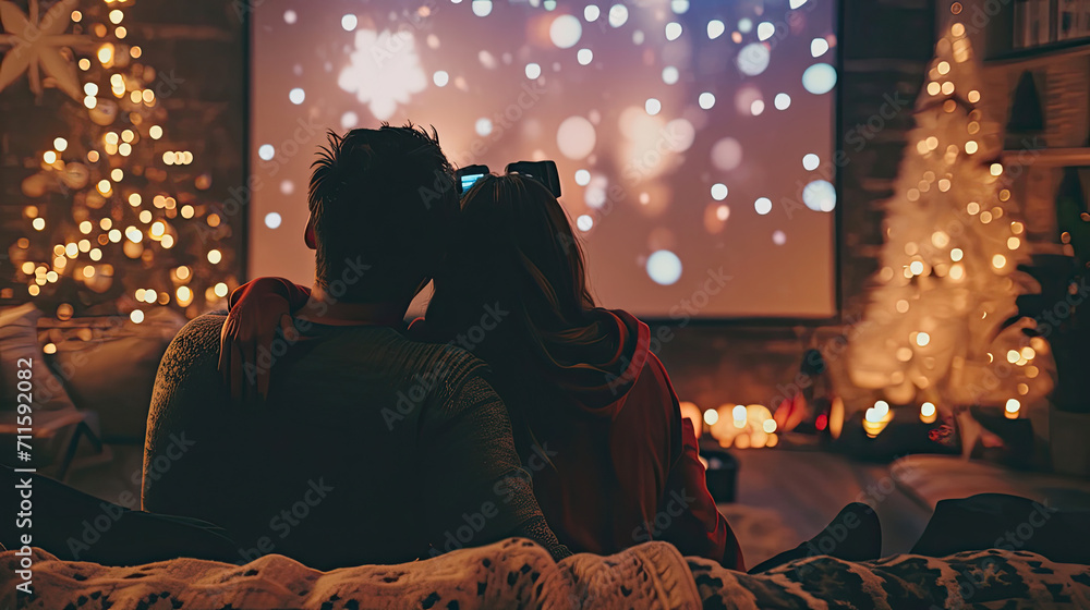 Couple watching romantic Christmas movie via video projector at home Couple watching romantic Christmas movie via video projector at home