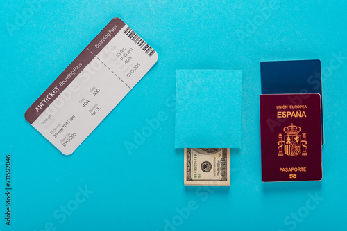 Air ticket, Spanish passport and cash ready to travel