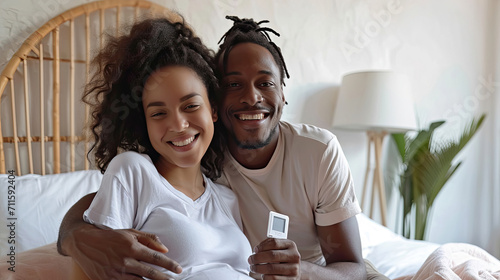 Happy future mixed race parents look positively at pregnancy test, rejoice good news in morning, being young family, pose in cozy bedroom. People, fertility, motherhood and parenthood concept photo