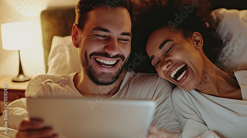 Happy, relaxed and carefree couple reading social media news on digital tablet and laughing in bed. Interracial husband and wife waking up together and browsing internet, sharing a funny online joke