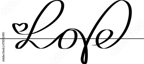 the calligraphic inscription is made by hand .The word love is written in one black line on a white background and a small heart.Lettering.