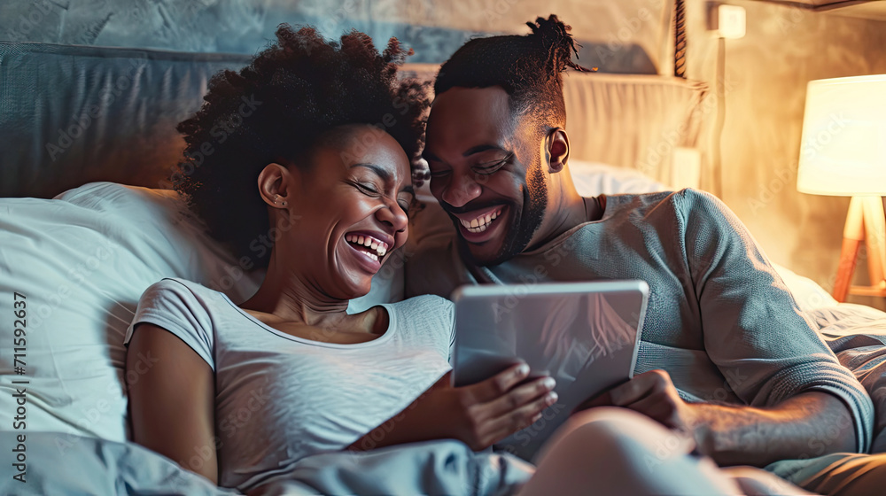 Happy, relaxed and carefree couple reading social media news on digital tablet and laughing in bed. Interracial husband and wife waking up together and browsing internet, sharing a funny online joke - obrazy, fototapety, plakaty 