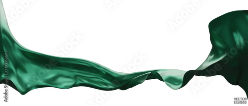 Flying green silk textile fabric flag background. Smooth elegant green Satin Isolated on white Background for grand opening ceremony. Green curtain. 3d vector illustration
