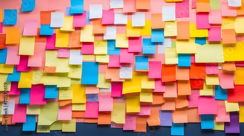 Many colorful  sticky notes  or adhesive notes on a wall or bulletin board. 