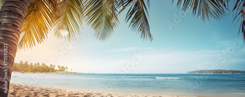 Wei  er Sandstrand und t  rkis blaues Meer  Strand mit Palmen im Paradies  Palmen Rahmen den Blick auf das Meer