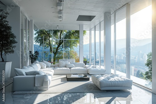 Modern style white living room with large open door overlooking city view 3d render  Decorate with white fabric furniture  Sunlight shines into the room