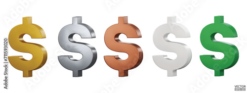 Set of US dollar currency symbol isolated on white background. Gold, copper, silver, green, and white dollar sign. Money currency sign. 3D vector Illustration.