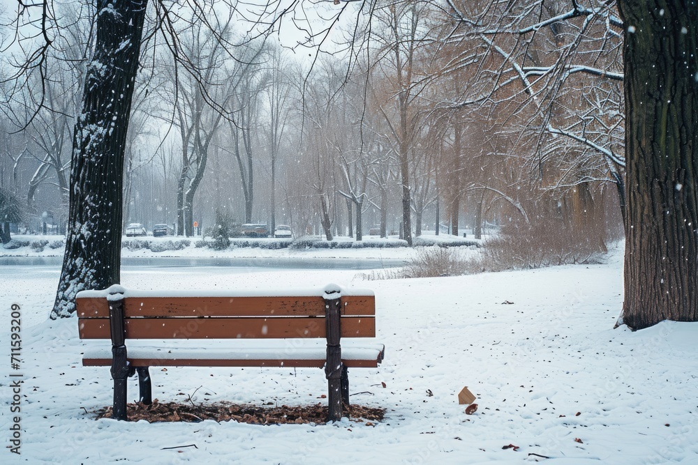 bench in the snow. 