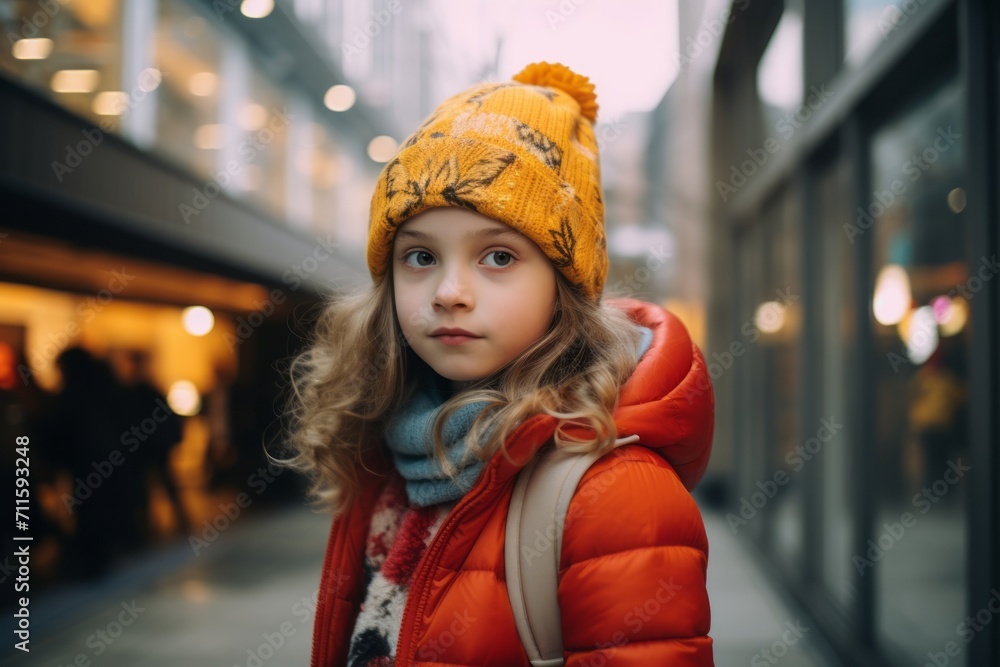 Portrait of a cute little girl in a hat and coat on the street. Portrait of a cute little girl in a hat and coat on the street.