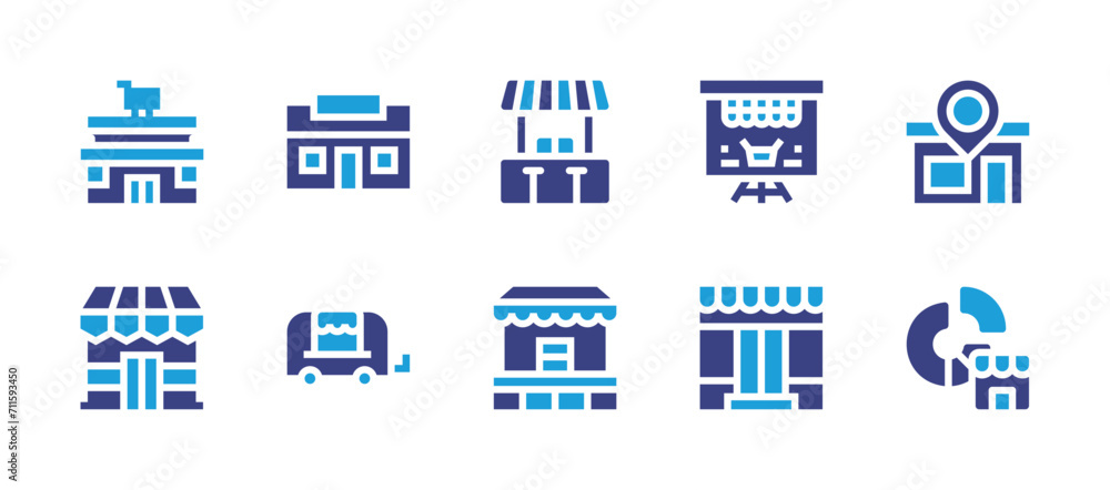 Market icon set. Duotone color. Vector illustration. Containing market, street market, caravan, pie chart, supermarket, store.