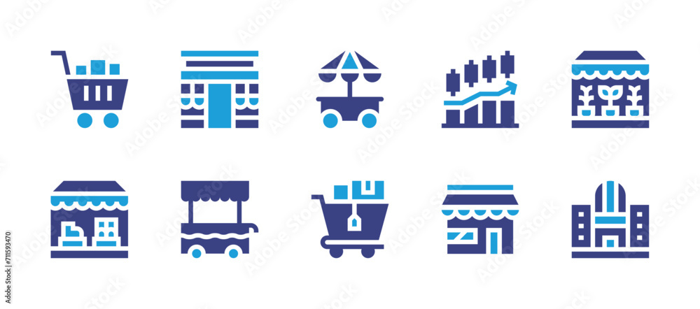 Market icon set. Duotone color. Vector illustration. Containing shopping cart, stock market, food cart, shoes, market, plants, shopping mall.