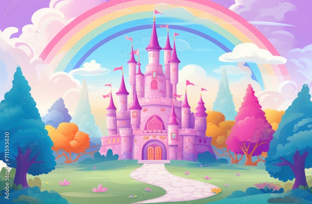 Hand drawn fairytale background. a cartoon castle on the hill with grass and trees as background. a cartoon castle in a green field with rainbow Hand drawn fairytale background. a cartoon castle on the hill with grass and trees as background. a cartoon castle in a green field with rainbow