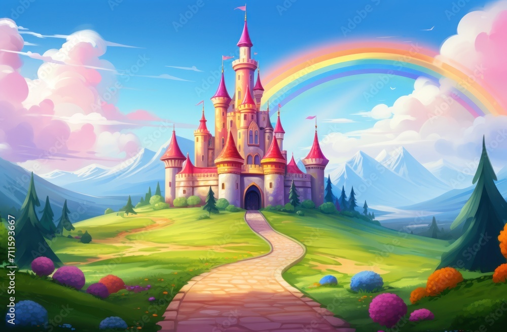 Hand drawn fairytale background. a cartoon castle on the hill with ...