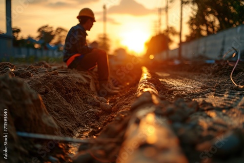 Male engineer inspects HDPE pipe in industrial quality area for drainage system at construction site