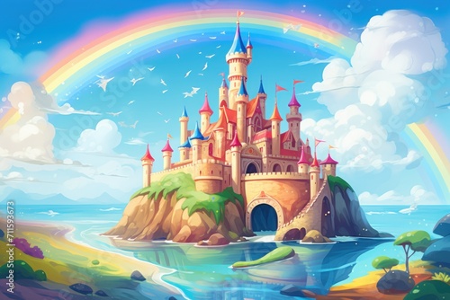 Hand drawn fairytale background. a cartoon castle on the hill with grass and trees as background. a cartoon castle in a green field with rainbow