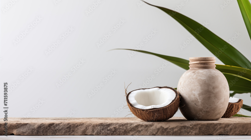 Ceramic pot coconut oil leaf stage podium mockup