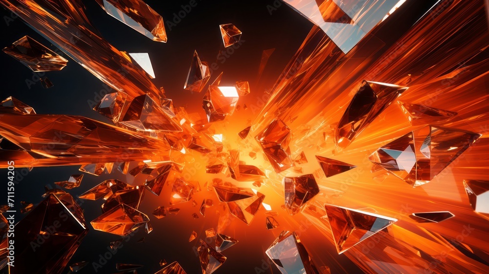 Fototapeta premium An abstract geometric formation with a shattered crystal and suspended elements in a dynamic orange arena