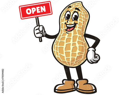 Peanut with open sign board cartoon mascot illustration character vector clip art logo hand drawn
