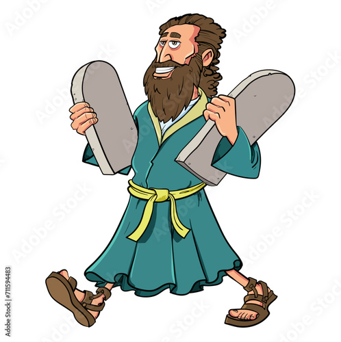 Moses strides with the 10 commandments in hand. He is happy