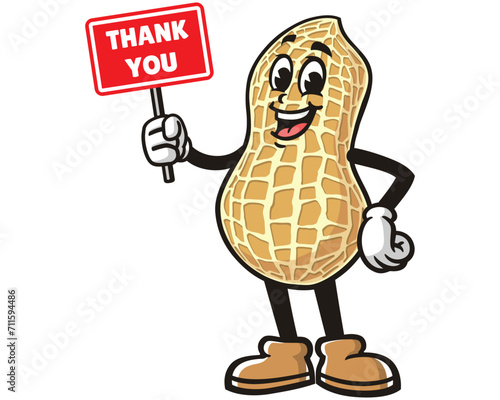 Peanut with thank you sign board cartoon mascot illustration character vector clip art logo hand drawn
