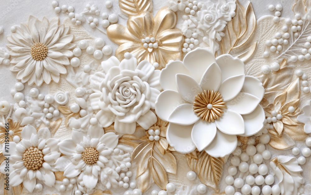 a close up of a white and gold flower on a white surface with gold leaves and pearls on it, generative ai a close up of a white and gold flower on a white surface with gold leaves and pearls on it, generative ai