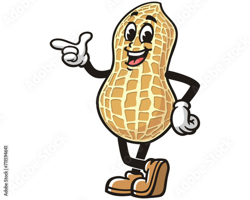 Peanut with pointing hand and relax pose cartoon mascot illustration character vector clip art logo hand drawn