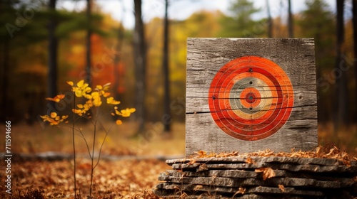 Sharpshooting practice target affixed to rugged wood, the backdrop blurred with autumnal colors photo
