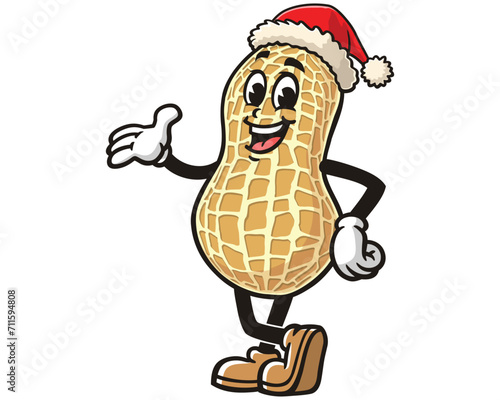 Peanut wearing a Christmas hat cartoon mascot illustration character vector clip art logo hand drawn 