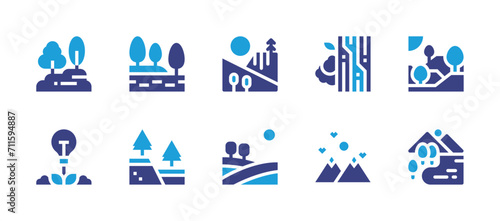 Nature icon set. Duotone color. Vector illustration. Containing tree, natural gum, nature, field, fault, lake.
