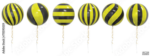 Set of realistic vector yellow and black striped balloons isolated on white background. Yellow and black balloons clipart for anniversary, birthday, wedding, party. 3D vector illustration.