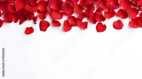 Romantic red rose petals on white background. Flat lay  top view  copy space 