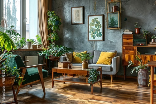 The modenr boho interior of living room in cozy apartment with design coffee table, gray sofa, wooden cube honey yellow pillow, desk, green armchair, plants and elegant accessories. Modern home decor. photo